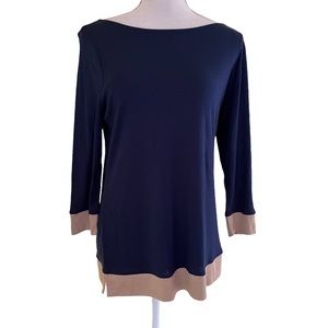 Talbots Navy Blue and Tan Color-Block Boatneck Top LP